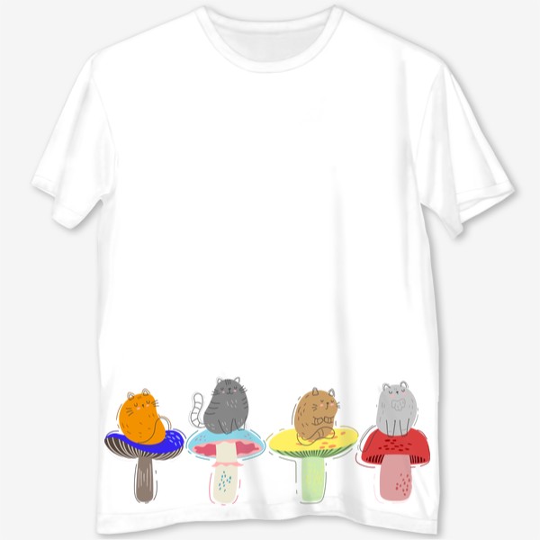 Футболка с полной запечаткой «Милые мультяшные котики сидят на разноцветных грибах, скетч дудл коты и грибы»