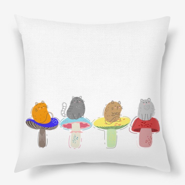 Подушка «Милые мультяшные котики сидят на разноцветных грибах, скетч дудл коты и грибы»