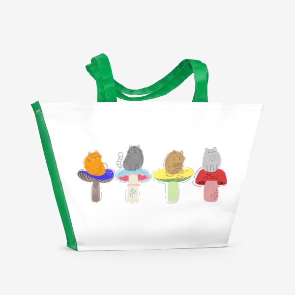 Пляжная сумка «Милые мультяшные котики сидят на разноцветных грибах, скетч дудл коты и грибы»