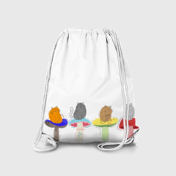 Рюкзак «Милые мультяшные котики сидят на разноцветных грибах, скетч дудл коты и грибы»