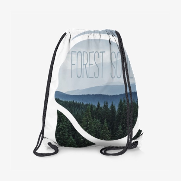 Рюкзак «Красивый летний пейзаж, лес и горы в тумане, природные просторы, надпись на английском forest soul -лесная душа»