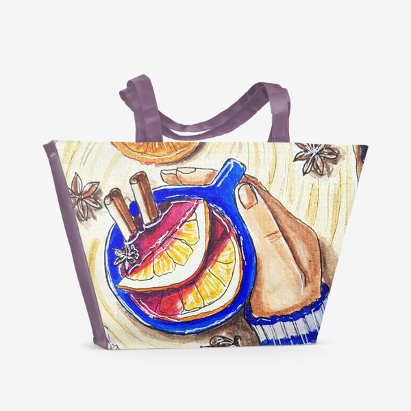Пляжная сумка &laquo;Чай, рука, апельсин, бадьян, корица.&raquo;