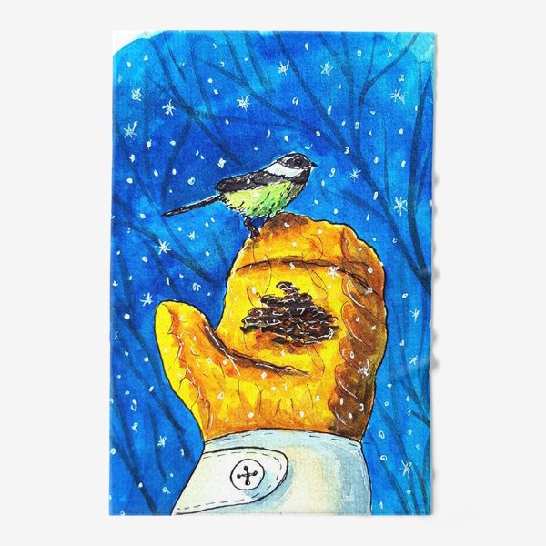 Полотенце &laquo;Синичка на руке. Варежка, зима.&raquo;