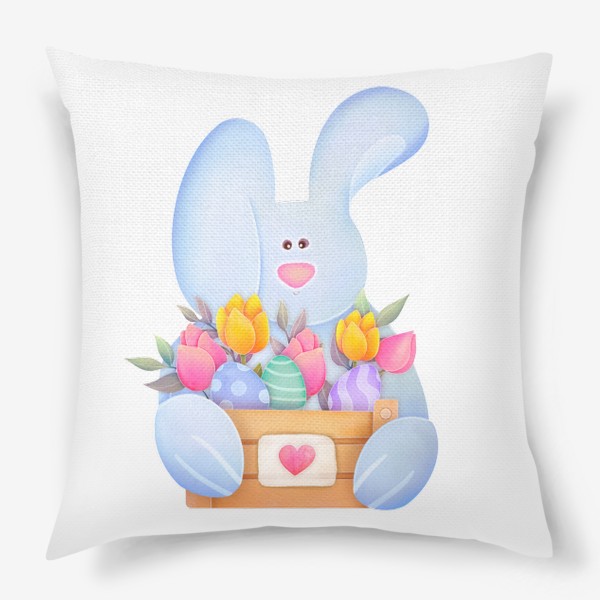 Подушка «Милый кролик с корзинкой цветов и пасхальными яйцами»