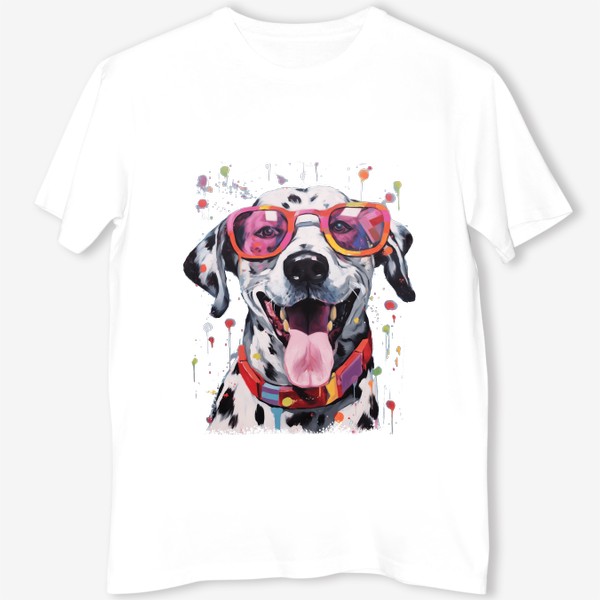 Футболка «Собака далматинец в розовых очках и с краской»