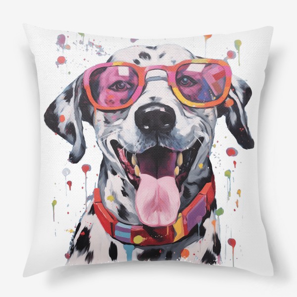 Подушка «Собака далматинец в розовых очках и с краской»