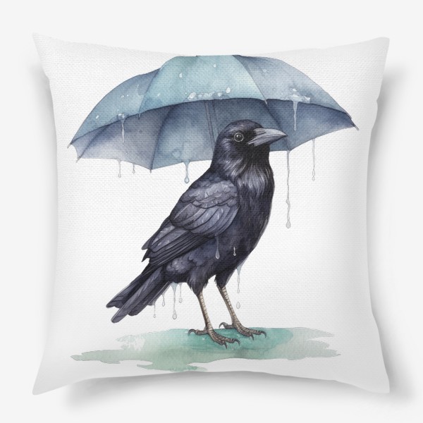 Подушка «Чёрный ворон под зонтом и дождь»