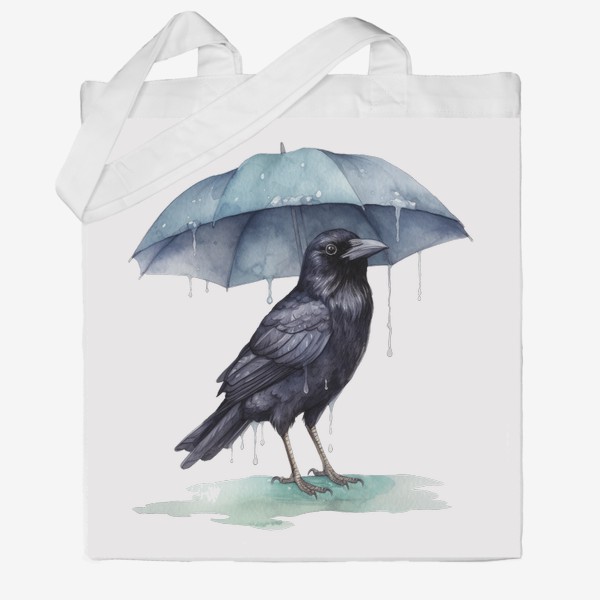Сумка хб «Чёрный ворон под зонтом и дождь»