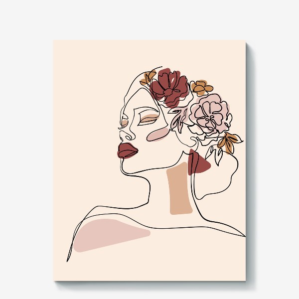 Холст «Лицо девушки одной линией с цветами на голове. Минимализм»