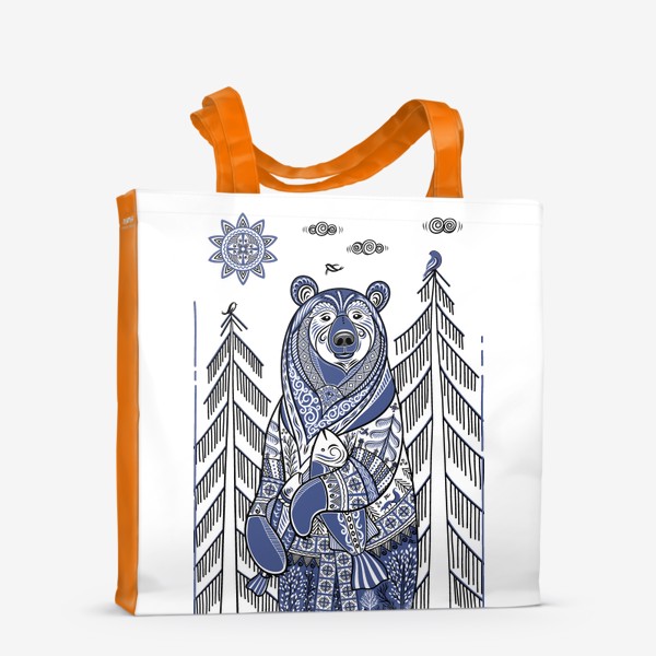 Сумка-шоппер «Медведь с рыбой в стиле мезенской росписи»