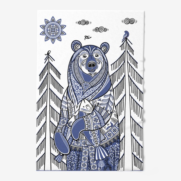 Полотенце «Медведь с рыбой в стиле мезенской росписи»