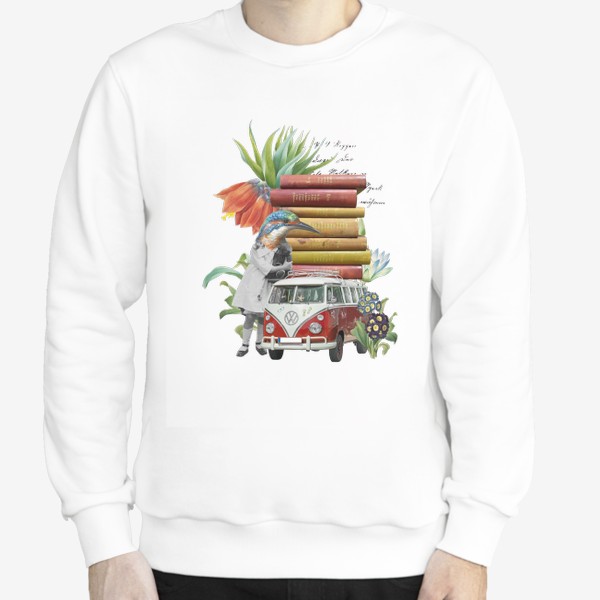 Свитшот «Птица с машиной книг в цветах (серия коллажей для книголюбов)»