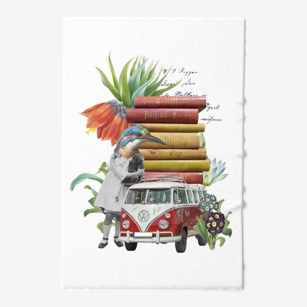 Полотенце «Птица с машиной книг в цветах (серия коллажей для книголюбов)»