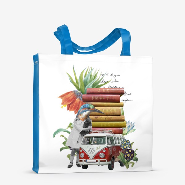 Сумка-шоппер «Птица с машиной книг в цветах (серия коллажей для книголюбов)»