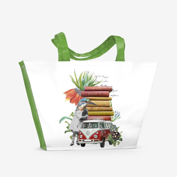 Пляжная сумка «Птица с машиной книг в цветах (серия коллажей для книголюбов)»