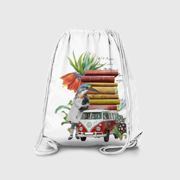Рюкзак «Птица с машиной книг в цветах (серия коллажей для книголюбов)»