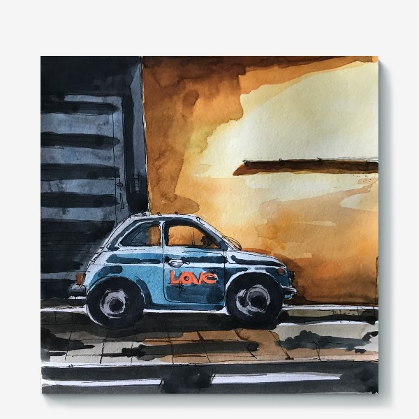 Холст «Голубая машина на фоне оранжевой стены »