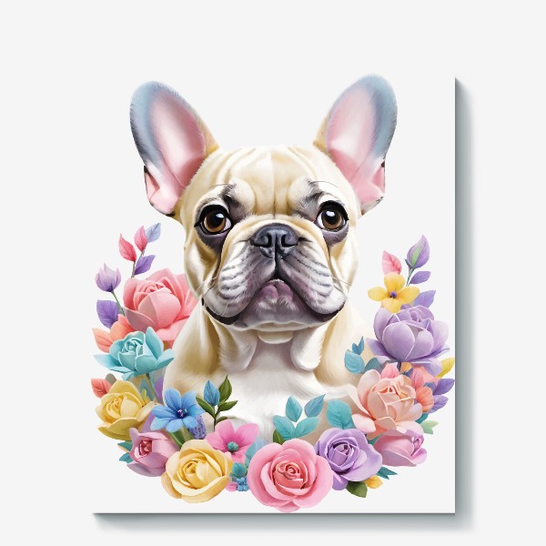 Холст «Смешная милая собака в цветах, порода французский бульдог. Забавная собачка с цветами»