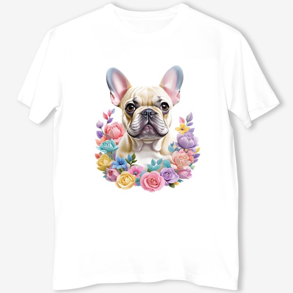 Футболка «Смешная милая собака в цветах, порода французский бульдог. Забавная собачка с цветами»