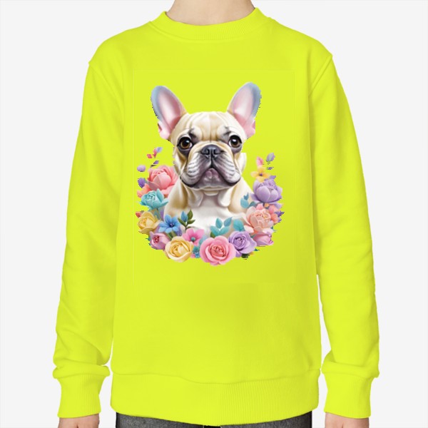 Свитшот «Смешная милая собака в цветах, порода французский бульдог. Забавная собачка с цветами»