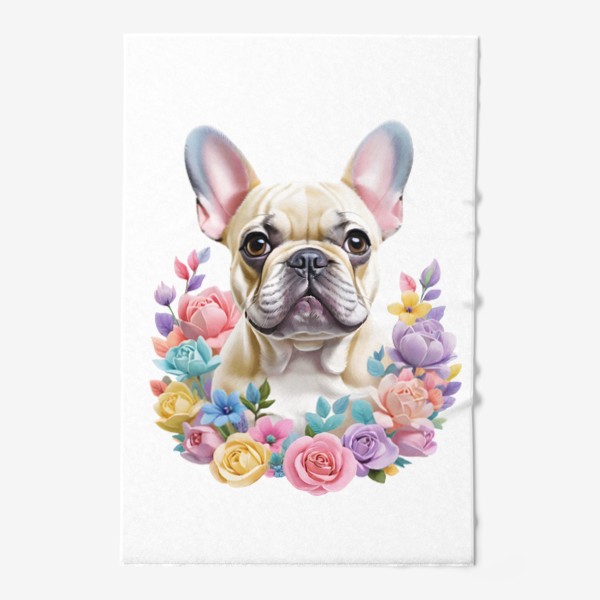 Полотенце «Смешная милая собака в цветах, порода французский бульдог. Забавная собачка с цветами»