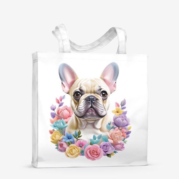 Сумка-шоппер «Смешная милая собака в цветах, порода французский бульдог. Забавная собачка с цветами»