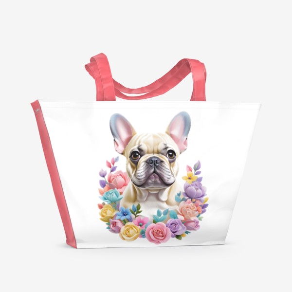 Пляжная сумка «Смешная милая собака в цветах, порода французский бульдог. Забавная собачка с цветами»