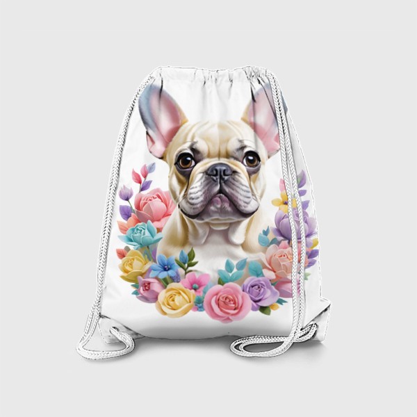 Рюкзак &laquo;Смешная милая собака в цветах, порода французский бульдог. Забавная собачка с цветами&raquo;