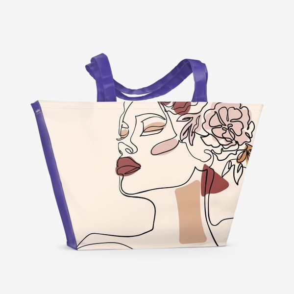 Пляжная сумка «Лицо девушки одной линией с цветами на голове. Минимализм»