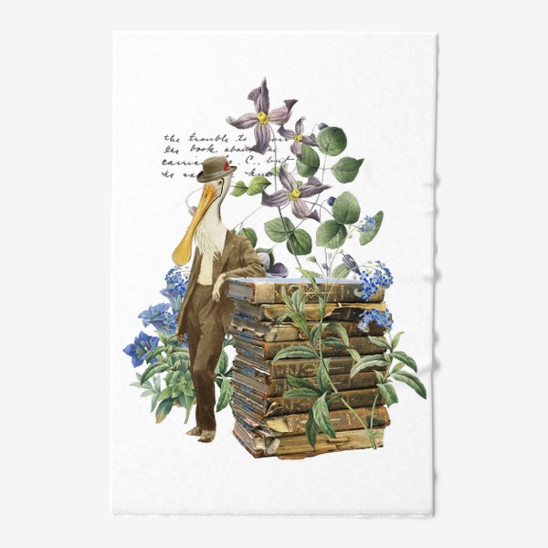 Полотенце «Пеликан с книгами и цветами (серия коллажей для книголюбов)»