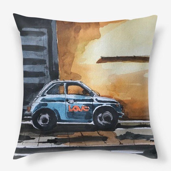 Подушка «Голубая машина на фоне оранжевой стены »