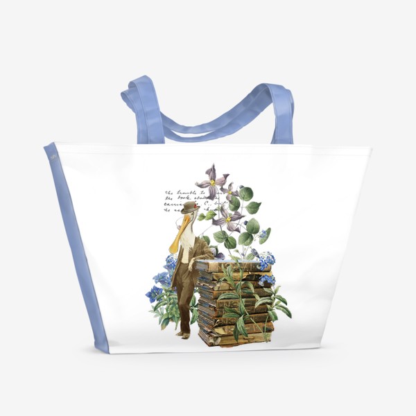 Пляжная сумка «Пеликан с книгами и цветами (серия коллажей для книголюбов)»