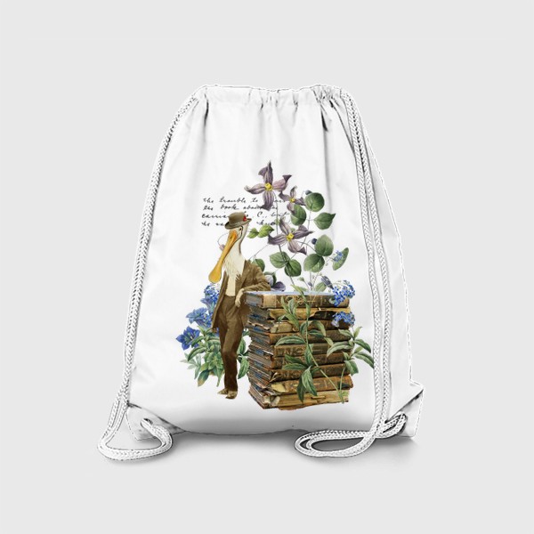 Рюкзак «Пеликан с книгами и цветами (серия коллажей для книголюбов)»