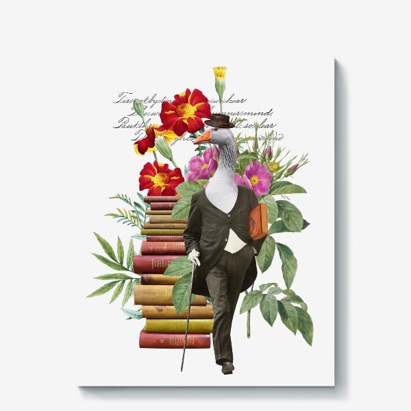 Холст «Гусь с книгами и цветами (серия коллажей для книголюбов)»