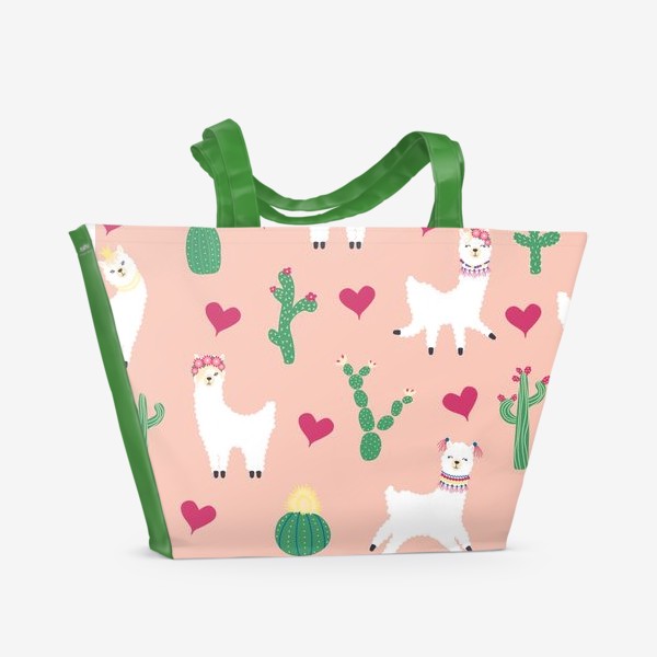Пляжная сумка «Ламы с любовью, паттерн. Белые альпаки среди кактусов»