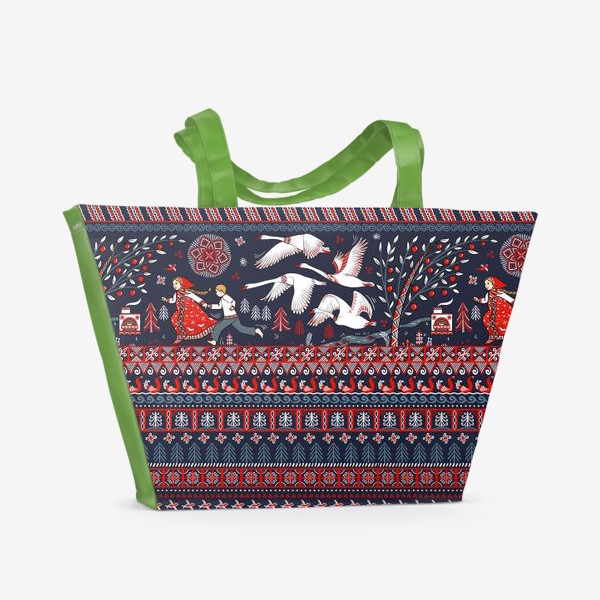Пляжная сумка «Гуси-лебеди в стиле мезенской росписи»