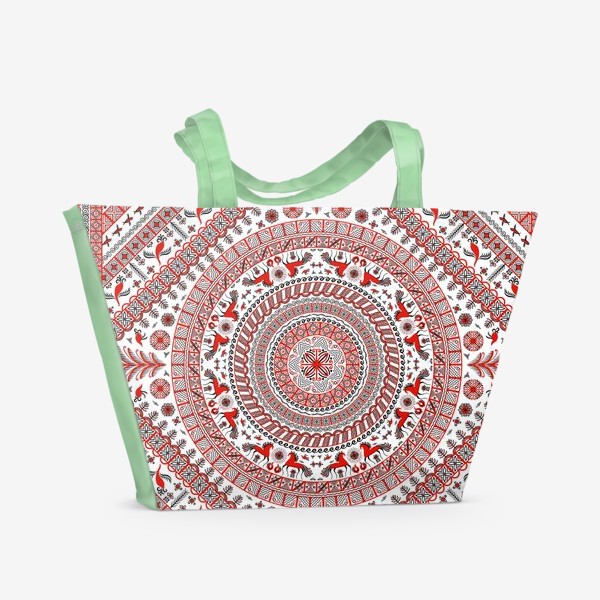 Пляжная сумка «Квадратный орнамент в стиле мезенской росписи. Кони, птицы, растения, геометрические мотивы. »