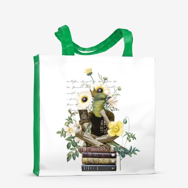 Сумка-шоппер «Птичка с книгами и цветами (серия коллажей для книголюбов)»