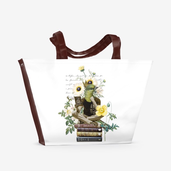 Пляжная сумка &laquo;Птичка с книгами и цветами (серия коллажей для книголюбов)&raquo;
