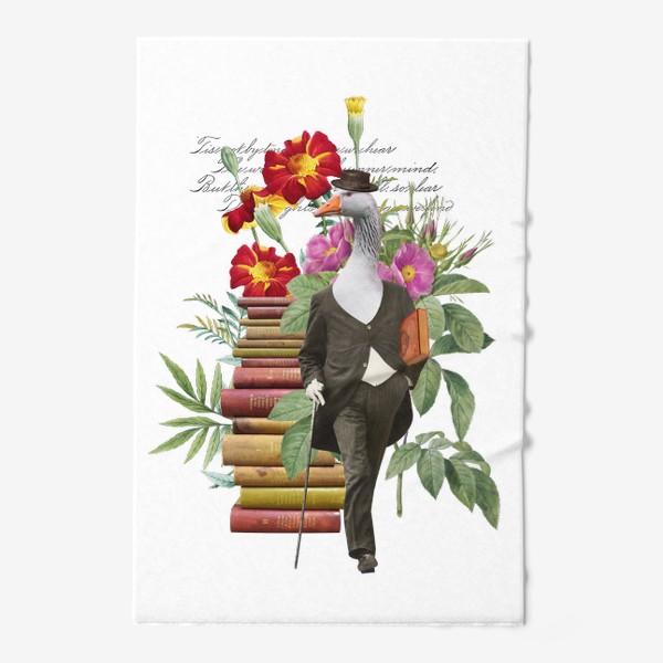 Полотенце «Гусь с книгами и цветами (серия коллажей для книголюбов)»