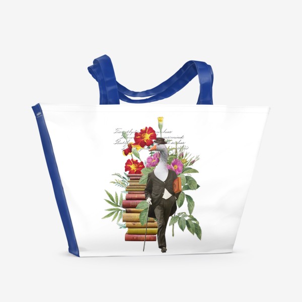 Пляжная сумка «Гусь с книгами и цветами (серия коллажей для книголюбов)»