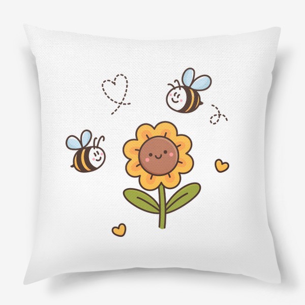 Подушка «Цветок подсолнух и милые пчелы каваи »