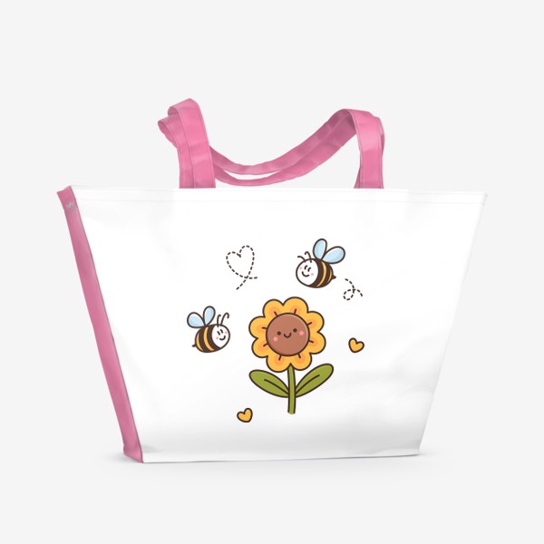 Пляжная сумка «Цветок подсолнух и милые пчелы каваи »