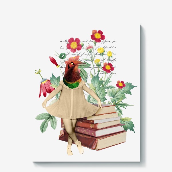 Холст «Яркая Птица с книгами и цветами (серия коллажей для книголюбов)»