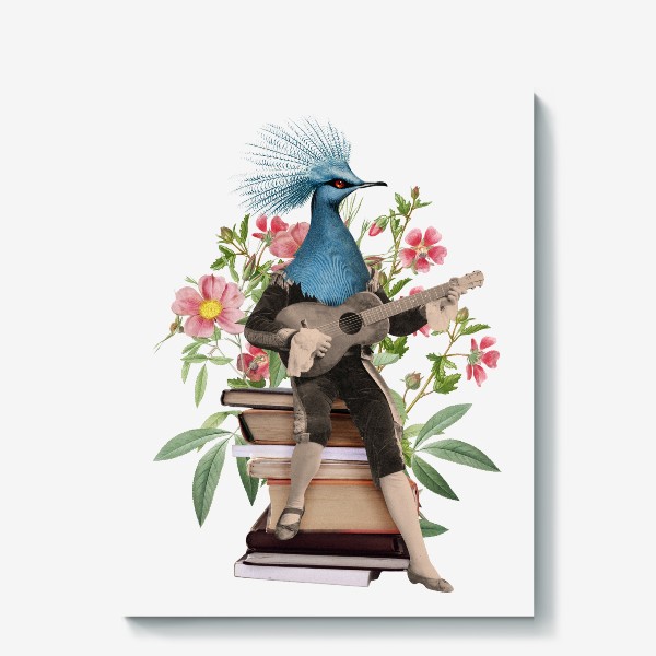 Холст «Птица с гитарой, книгами и цветами (серия коллажей для книголюбов)»