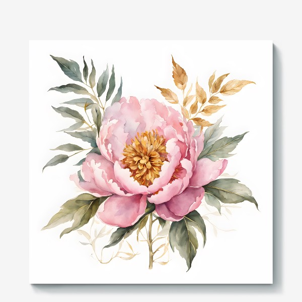 Холст «Розовый пион с золотыми и зелеными листьями, акварель»