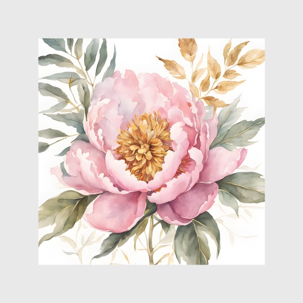 Скатерть «Розовый пион с золотыми и зелеными листьями, акварель»