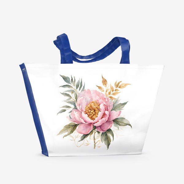 Пляжная сумка «Розовый пион с золотыми и зелеными листьями, акварель»