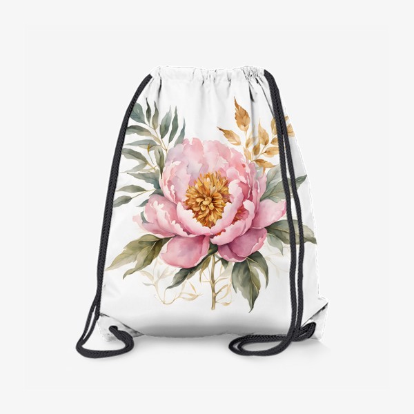 Рюкзак «Розовый пион с золотыми и зелеными листьями, акварель»