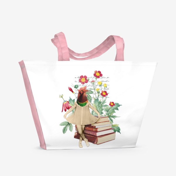 Пляжная сумка «Яркая Птица с книгами и цветами (серия коллажей для книголюбов)»